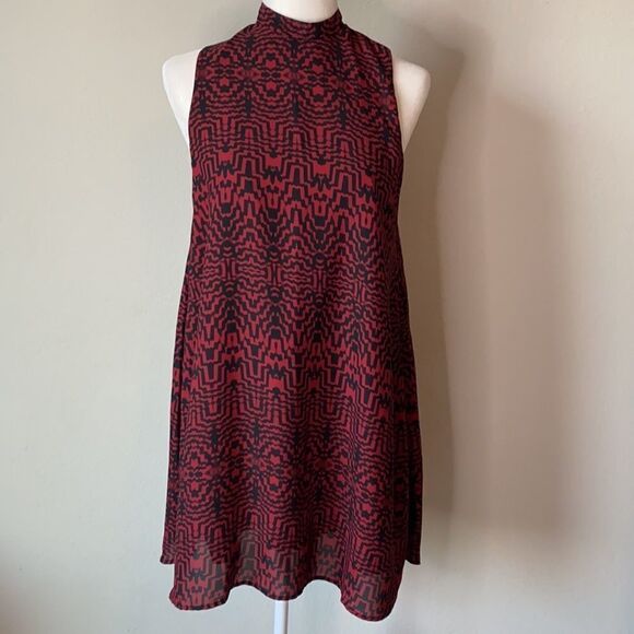 BB Dakota Red and Black Geometric Mock Neck Dress Small - Picture 1 of 5